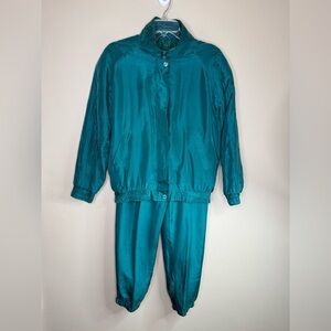 Diana D'or 100% Silk Teal 2-Piece Set Vintage 80s/90s Zip Front Size Medium